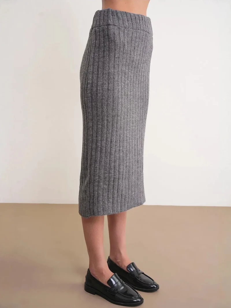 MixRay Dark Grey MIXRAY High Waist Ribbed Knit Skirt for Women | Best Price UAE